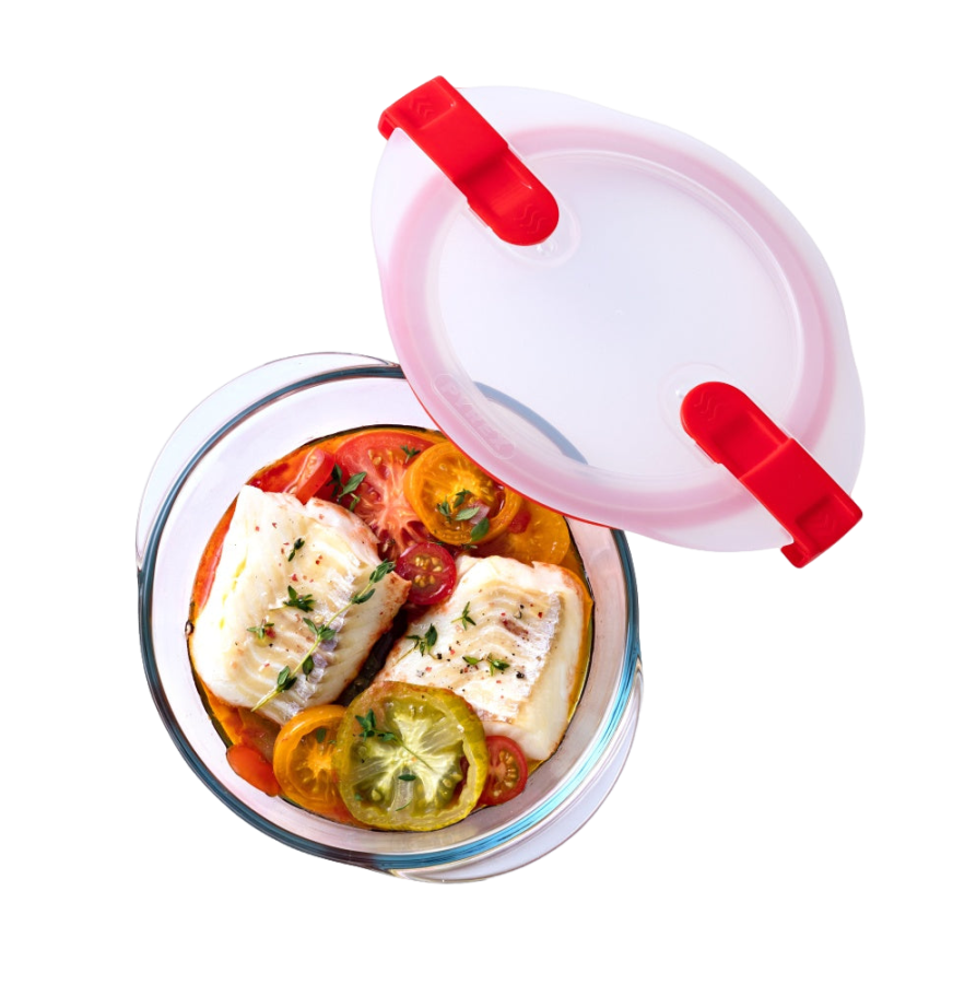 Round glass dish with steam valve lid - Cook Heat