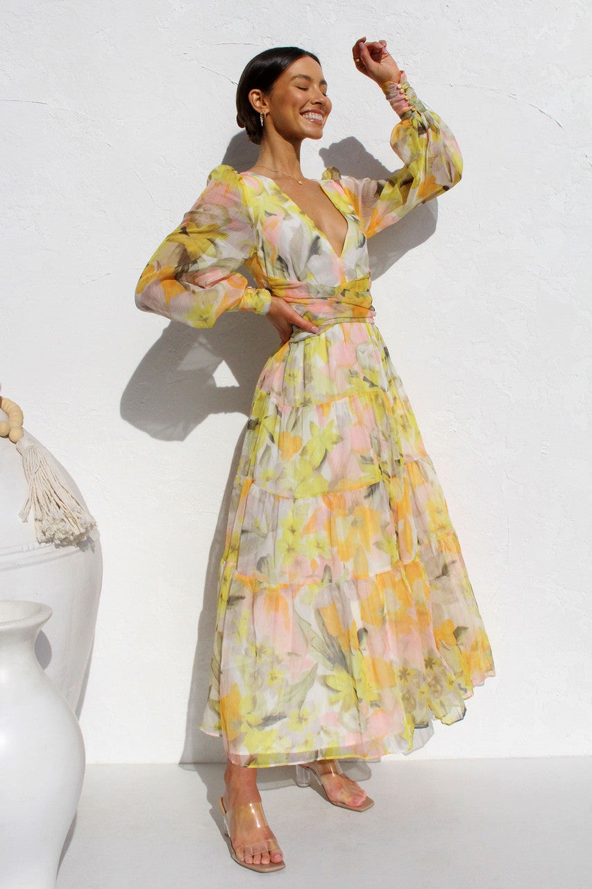 Painted Inspiration Blumen-Maxikleid mit Ballonärmeln