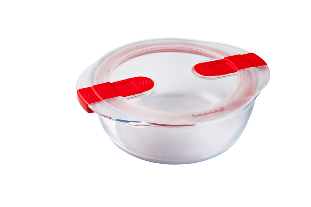 Round glass dish with steam valve lid - Cook  Heat
