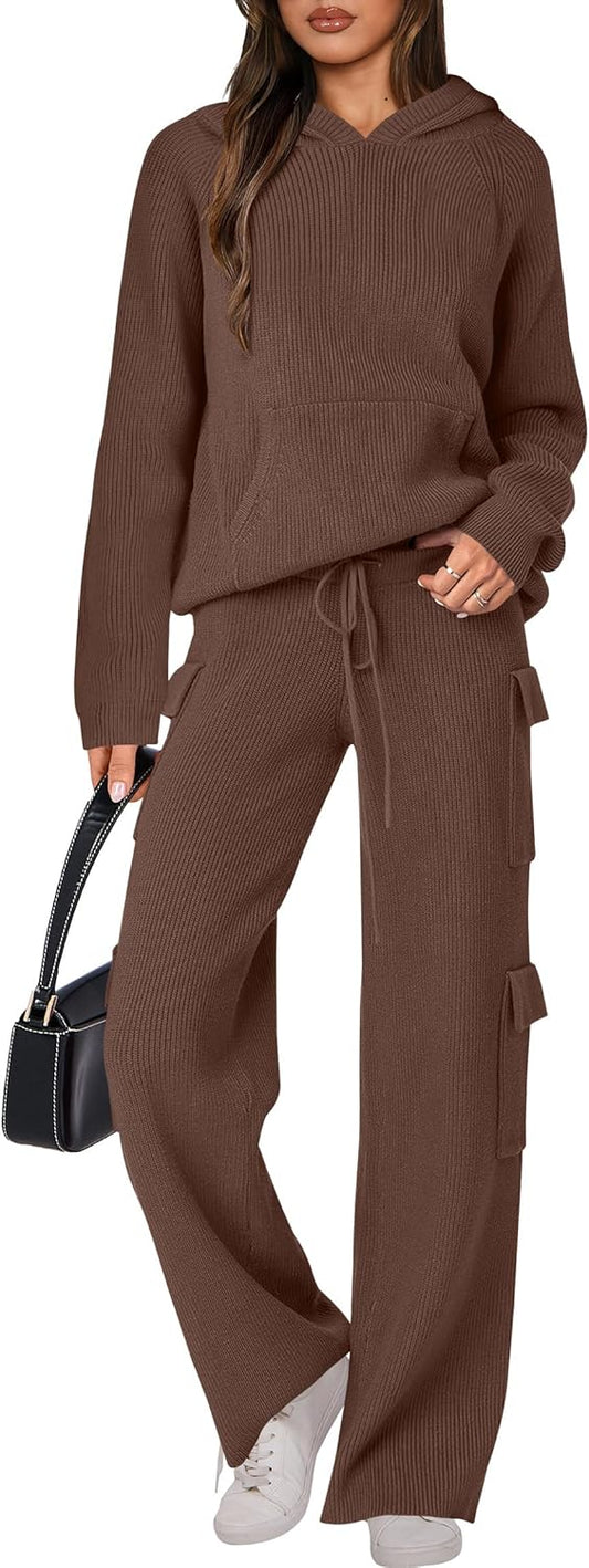 🎄Christmas Clearance 🔥 Women’s Two Piece Outfits Casual Knit Hooded Sweater Straight Leg Pants Set