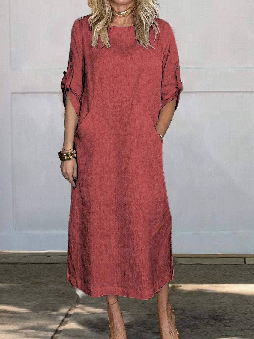 🔥HOT SALE🔥Women Summer Solid Color Linen Cotton Casual Double Side Pocket Dress(ALMOST SOLD OUT)