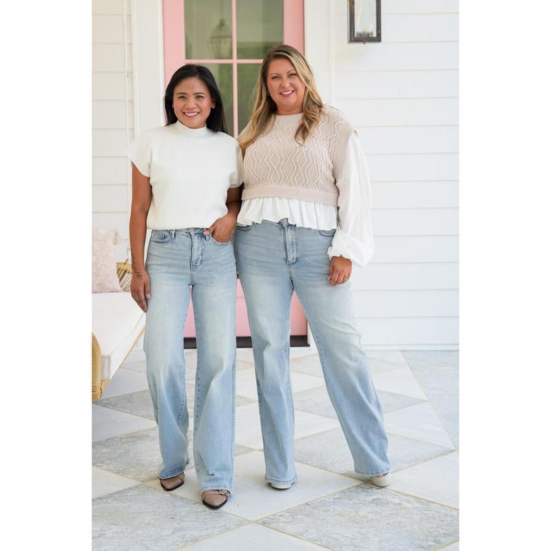 HALF PRICE💥High Rise Vintage Wash Tummy Control Top Straight Leg Jeans