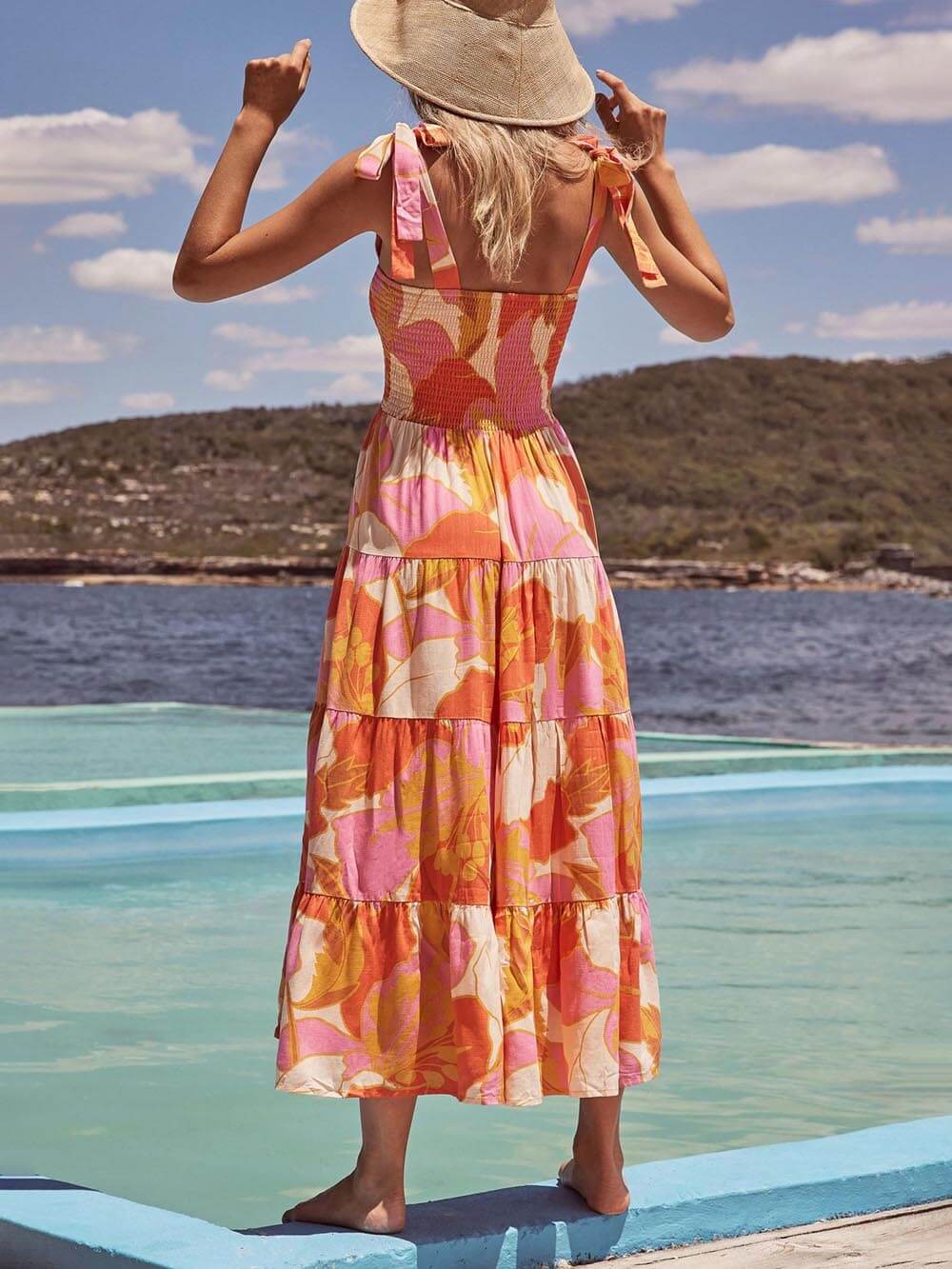 Sleeveless, pleated, stretch cami dress with Sea Charm print on the chest