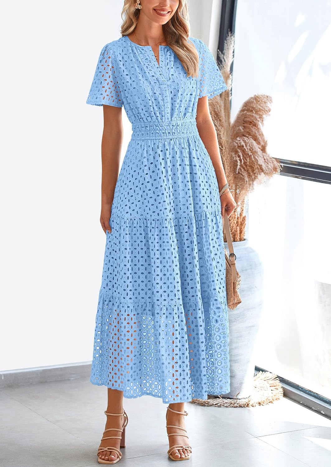 NEW 🔥Womens 2025 Summer Maxi Dress Short Sleeve V Neck Hollow Out Eyelet A Line Dresses