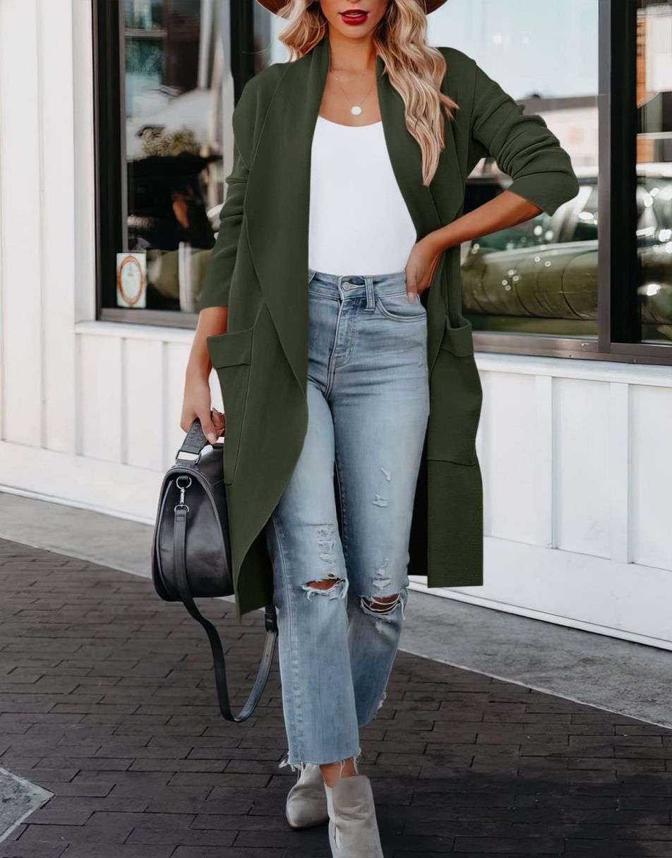 ANRABESS Women's Casual Long Sleeve Draped Open Front Knit Pockets Long Cardigan Jackets Sweater