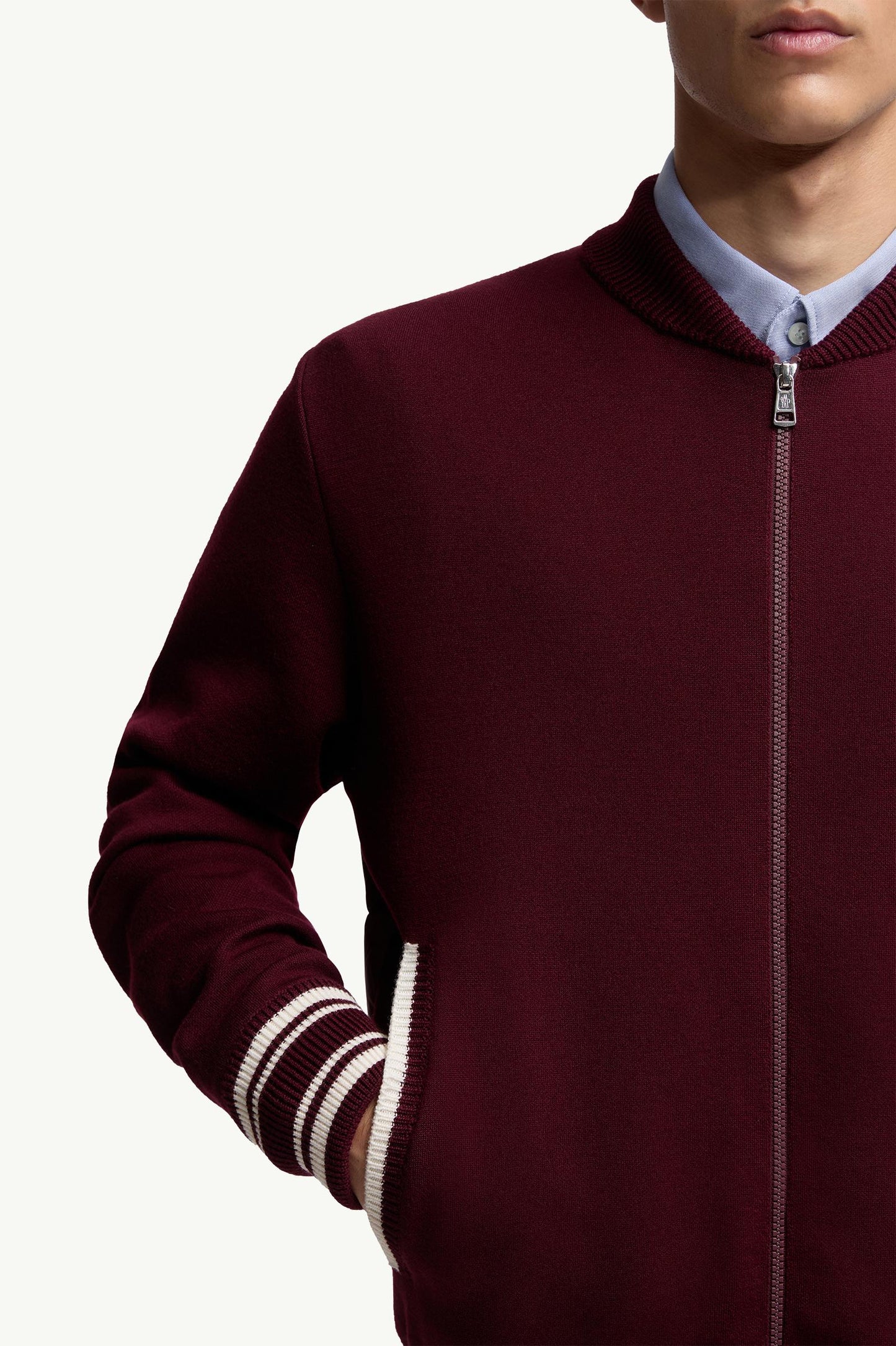 Embroidered Monogram Padded Zip-Up Wool Blend Cardigan