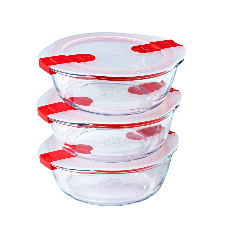 Set of 3 glass lunchboxes with steam valve lid - multi shape -Cook  Heat