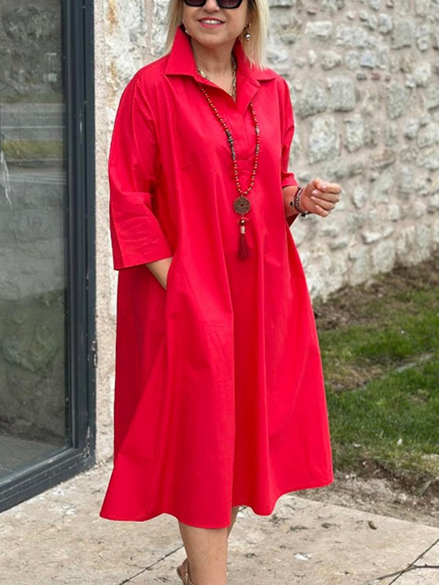 Casual Plain Shirt Collar Maxi Dress