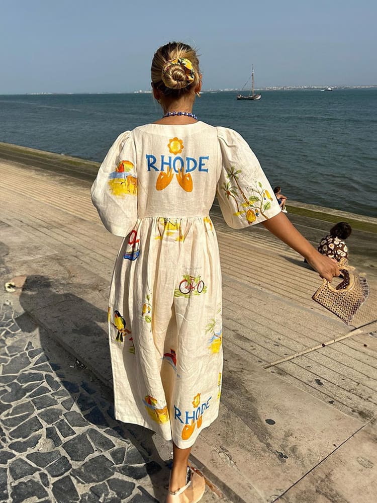 Einzigartiges Urlaubs-Midikleid mit Blumenmuster und Puffärmeln